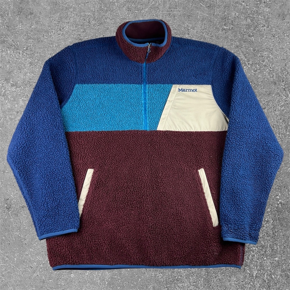 Marmot‎ Fleece Pullover Mens XXL Blue Burgundy Colorblock Sherpa Quarter Zip
